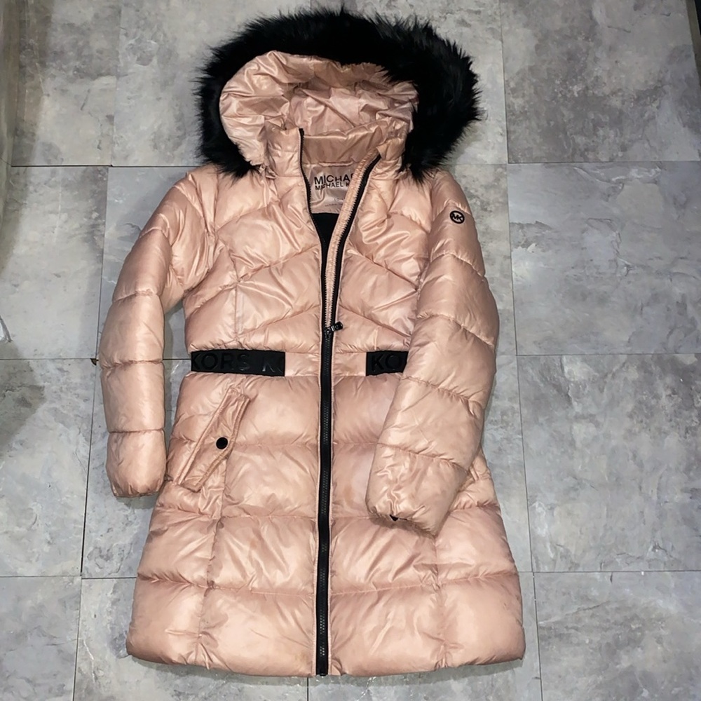 10y 12y big girl light pink Michael Kors fur hooded warm winter jacket long coat